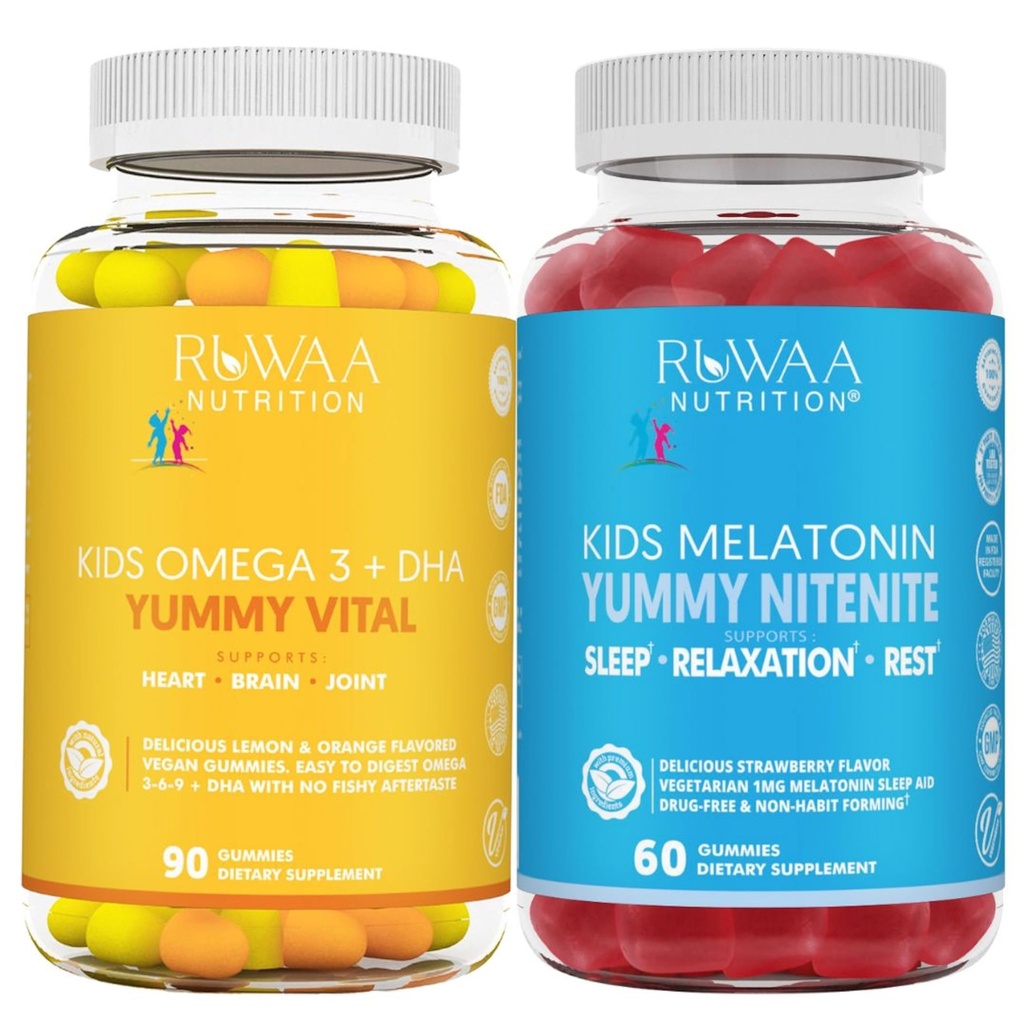 RUWAA NUTRITION Omega 3 Gummies, DHA Gummies 및 1mg Melatonin Gummies | 물고기 없음, After-Taste, Non-Habit Forming, Gluten Free, Non-GMO, Made in USA.