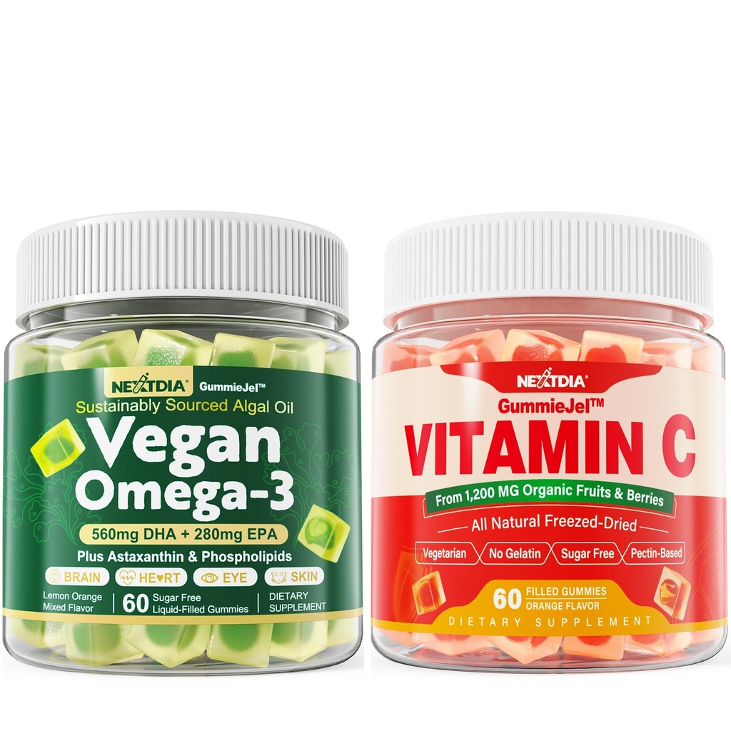 Nextdia Vegan Omega 3 Gummies + 성인 및 어린이를위한 전체 식품 비타민 C Gummies