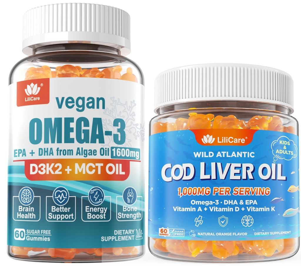2pack Vegan Omega 3 Gummies + 2pack Cod Liver 기름 Gummies
