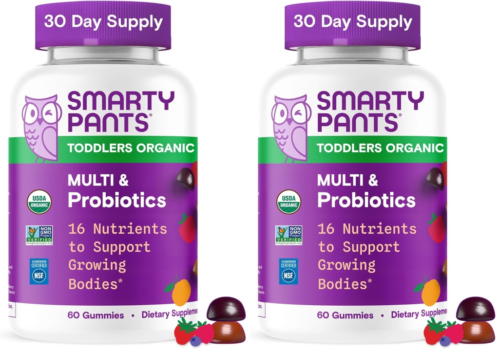 SmartyPants 유기 유아 Multivitamin Gummies: Probiotics, Omega 3 (ALA), 비타민 D3, C, 비타민 B12, B6, A, K&Zinc, 베타 Carotene, 글루텐 무료, 세 과일 맛, (30 일 공급), 60 개 (팩 2)