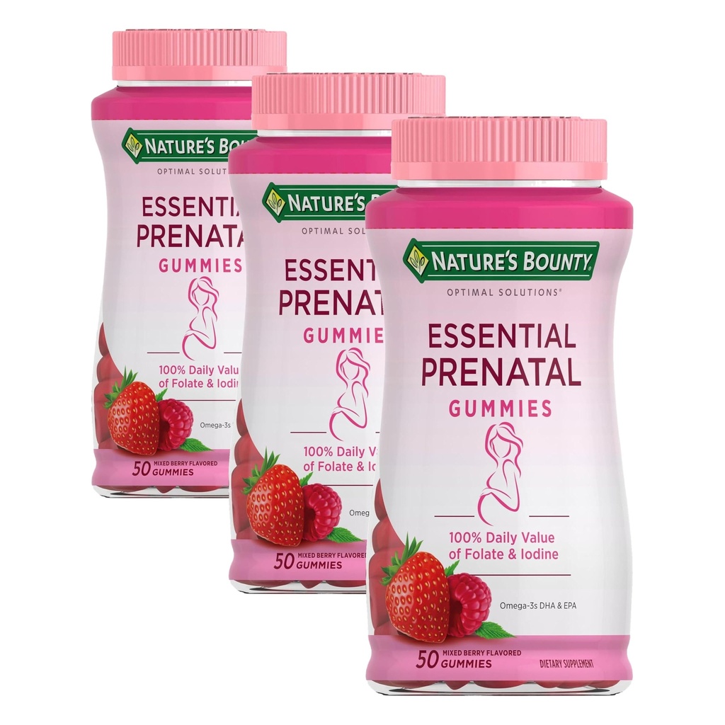 Nature 's Bounty Optimal Solutions Essential Prenatal Gummies,Folic Acid 및 Iodine,Omega 3 및 DHA,25 서빙,50 개 (팩 3)