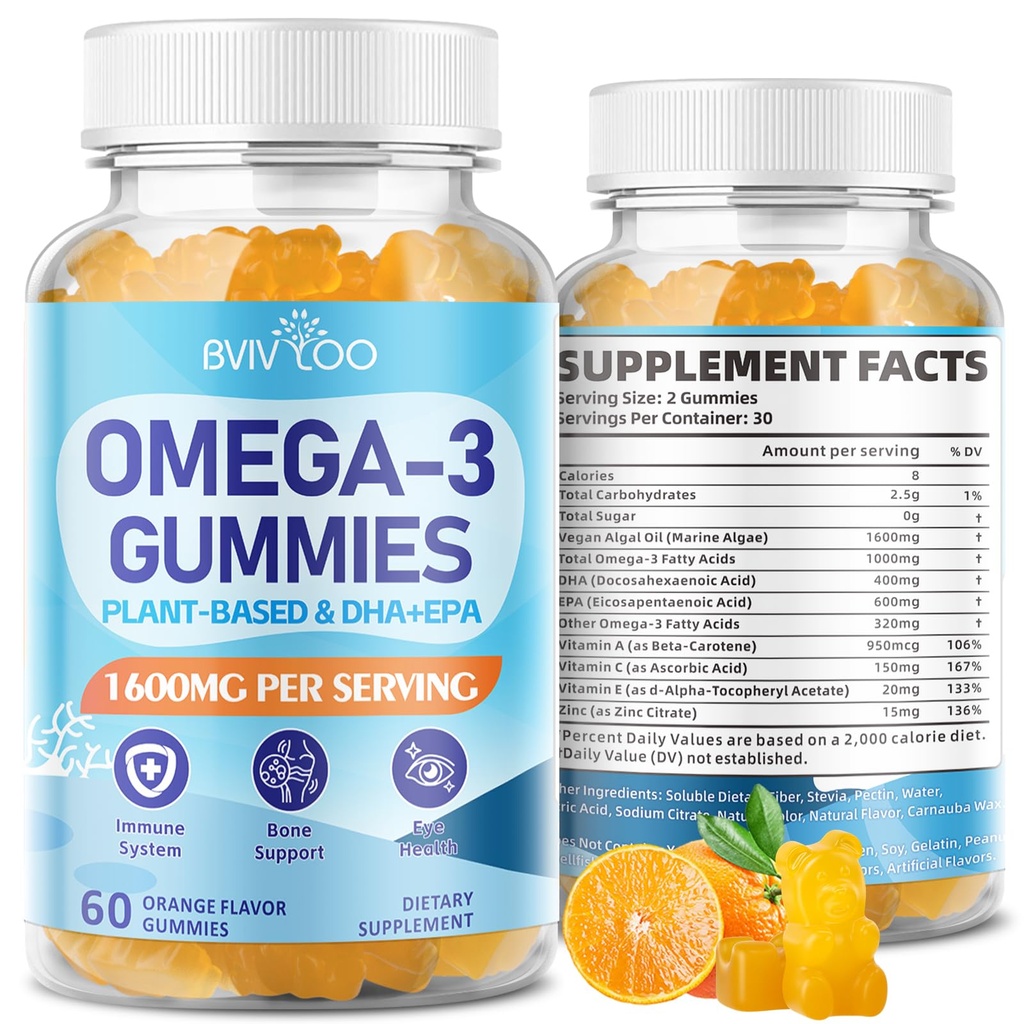 Vegan Omega-3 Gummies - 600mg EPA & 400mg DHA를 가진 1600mg. 높은 흡수 공식. 맛있는 오렌지 맛 - 60 구미