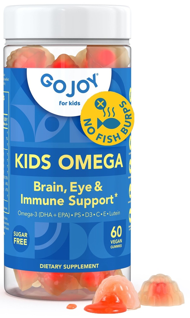 GOJOY 키즈 오메가 3 DHA Gummies - 물고기 Burps 없음, 설탕 없음 - 두뇌, 눈 & 면역 지원 - 조류에서 식물 기반 오메가-3 - 배건, 유아 및 어린이 연령을위한 깨끗한 DHA 3+