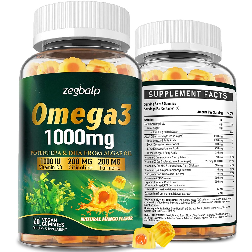 여자 & 남자를 위한 Omega-3 보충교재 Gummies - 1000mg 포도상, 비타민 D3, K2, 전반적인 건강을 위한 Citicoline를 가진 Vegan Omega3 DHA & EPA - 조류 기름 Omega 3 지방산 보충교재, 설탕 자유로운