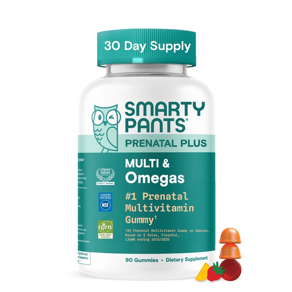 Omega 3 DHA/EPA, Methylfolate, Biotin, 비타민 D3, C, B12, B6, A, K 및 아연, 글루텐 자유로운, 청결한 상표, 2개의 과일 풍미, 90 Gummies (30 일 공급)를 가진 SmartyPants Prenatal Multivitamin Gummies