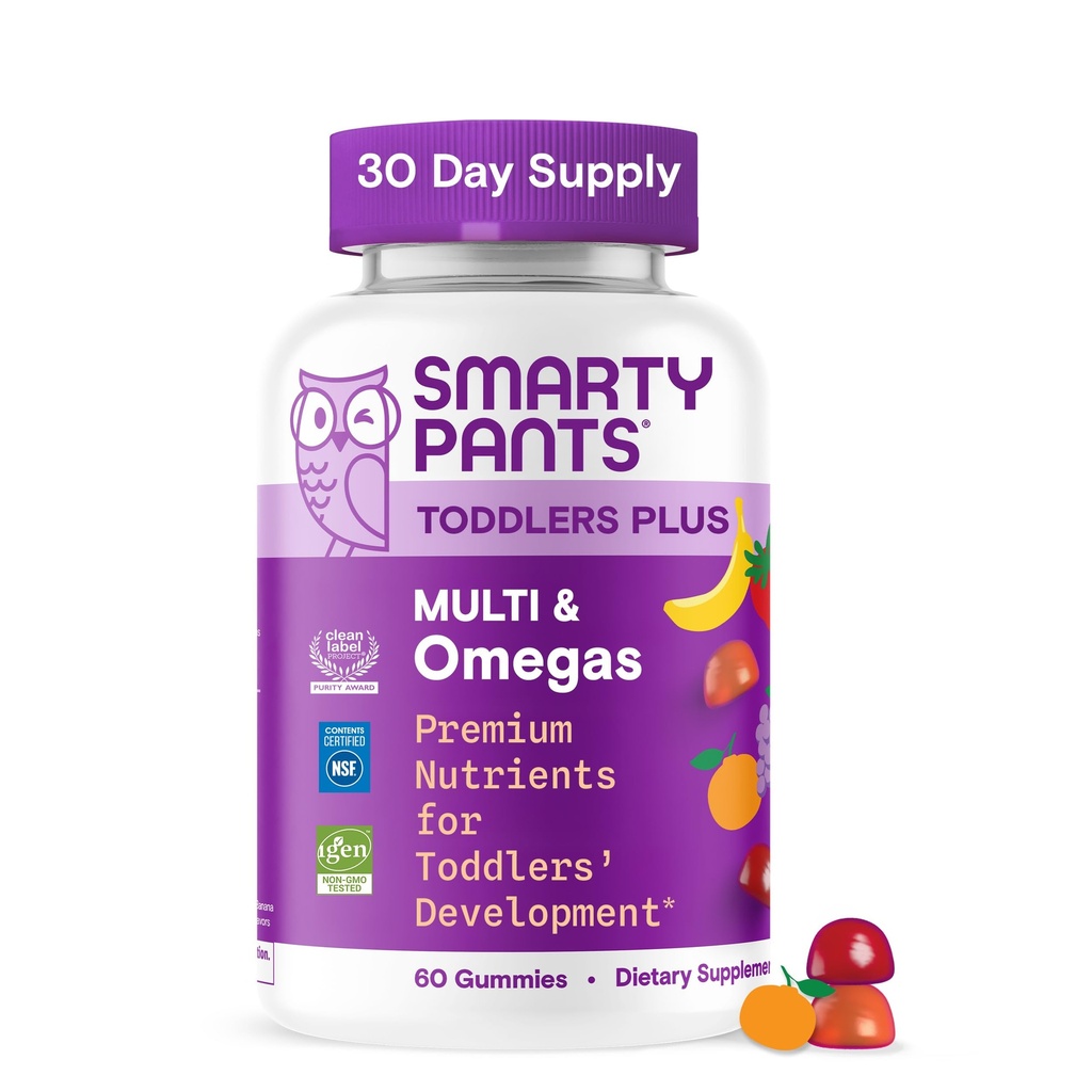 SmartyPants 유아 Multivitamin Gummies, 오메가 3 (DHA / EPA), 비타민 D3, C, 비타민 B12, B6, A, K & 아연, Biotin, 글루텐 무료, 세 과일 맛, 60 카운트 (30 일 공급)