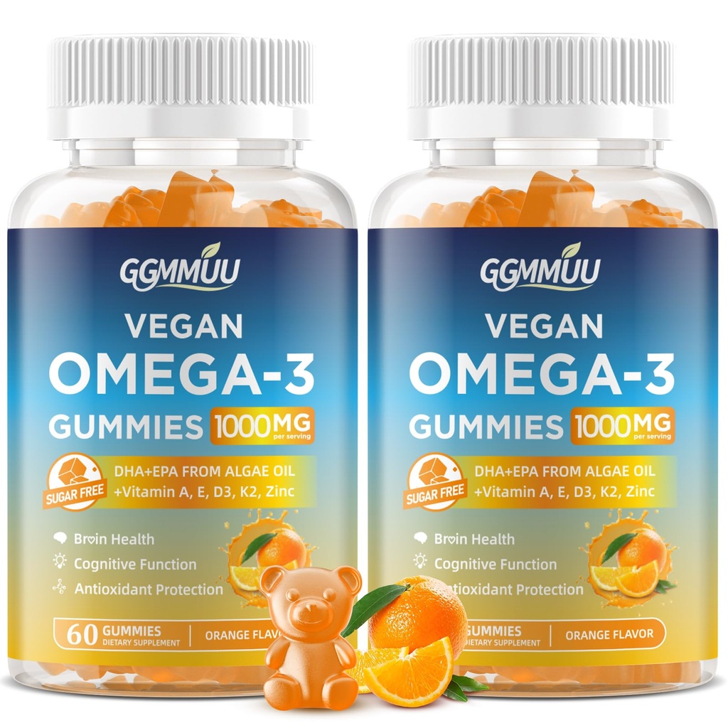 2 팩 Vegan 오메가 3 Gummies 1000MG Algal 기름 오메가 3 Algae DHA 600mg & EPA 300mg 물고기 기름 대안을 가진 성인을 위한 보충교재 - 아이 & 면역력, 오렌지 풍미, 120 조사를 위해