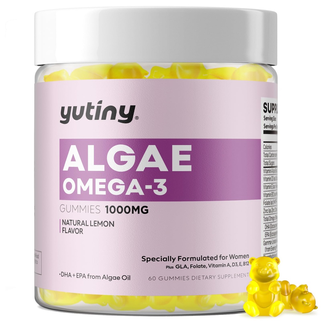 여성을위한 Vegan 오메가 3 구미, 조류 오메가 3 1000mg 보충 DHA, EPA, GLA, 비타민 A, E, B12, Folate, 피부 & 두뇌 건강, 설탕 무료, 60 카운트