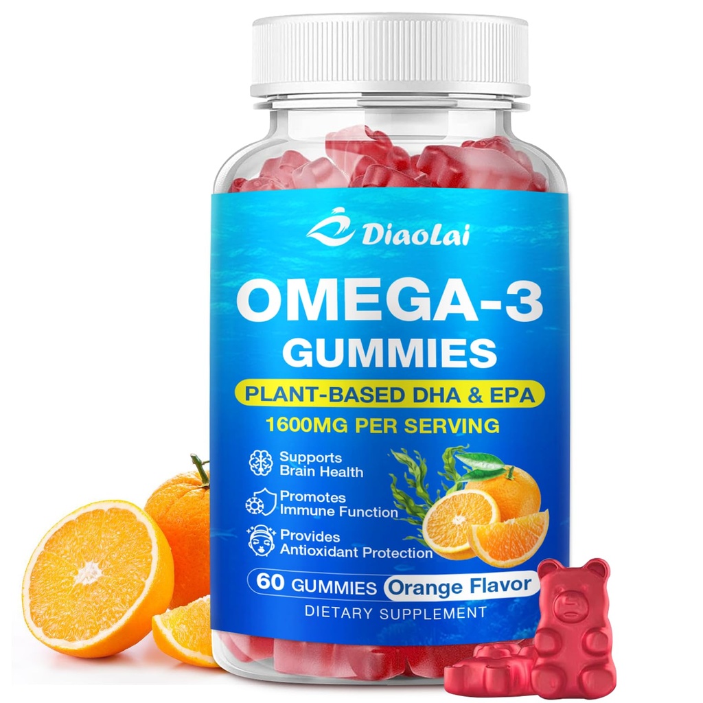성인을위한 Vegan Omega-3 Gummies - 설탕 무료, 조류 기반 DHA 600mg & EPA 300mg, 비타민 A, C, E, 아연 - 오메가 3 생선 기름 대안, 60 카운트