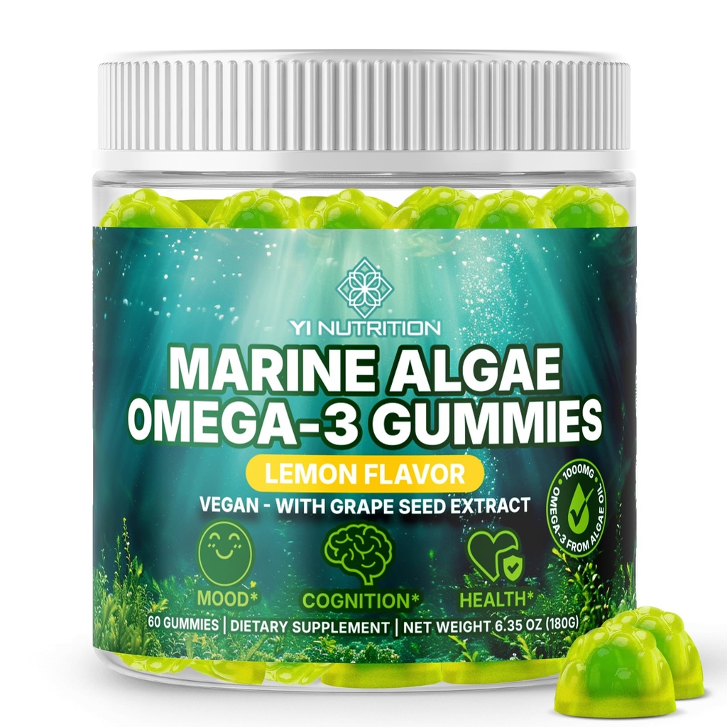 마린 조류 오메가 3 400mg +가있는 3 구미 | DHA / EPA / ALA, 20 : 1 포도 씨앗 추출물, 비타민 C 및 Folate | 심장, 두뇌 및 피부 | 식물 기반, 설탕없는 60 Ct