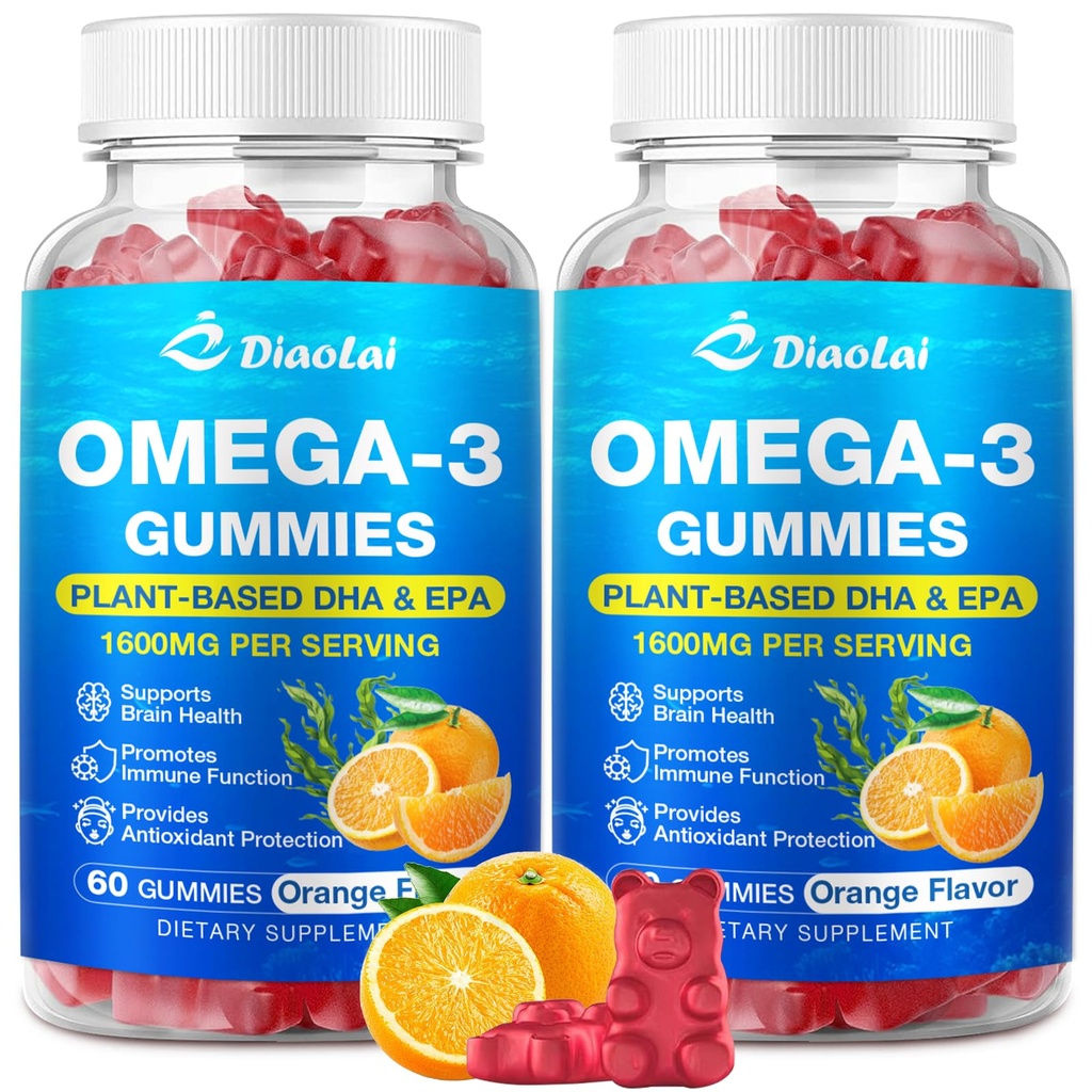 성인 2 팩 Vegan Omega-3 Gummies - 설탕 무료, 조류 기반 DHA 600mg & EPA 300mg, 비타민 A, C, E, 아연 - 오메가 3 생선 기름 대안, 120 조사