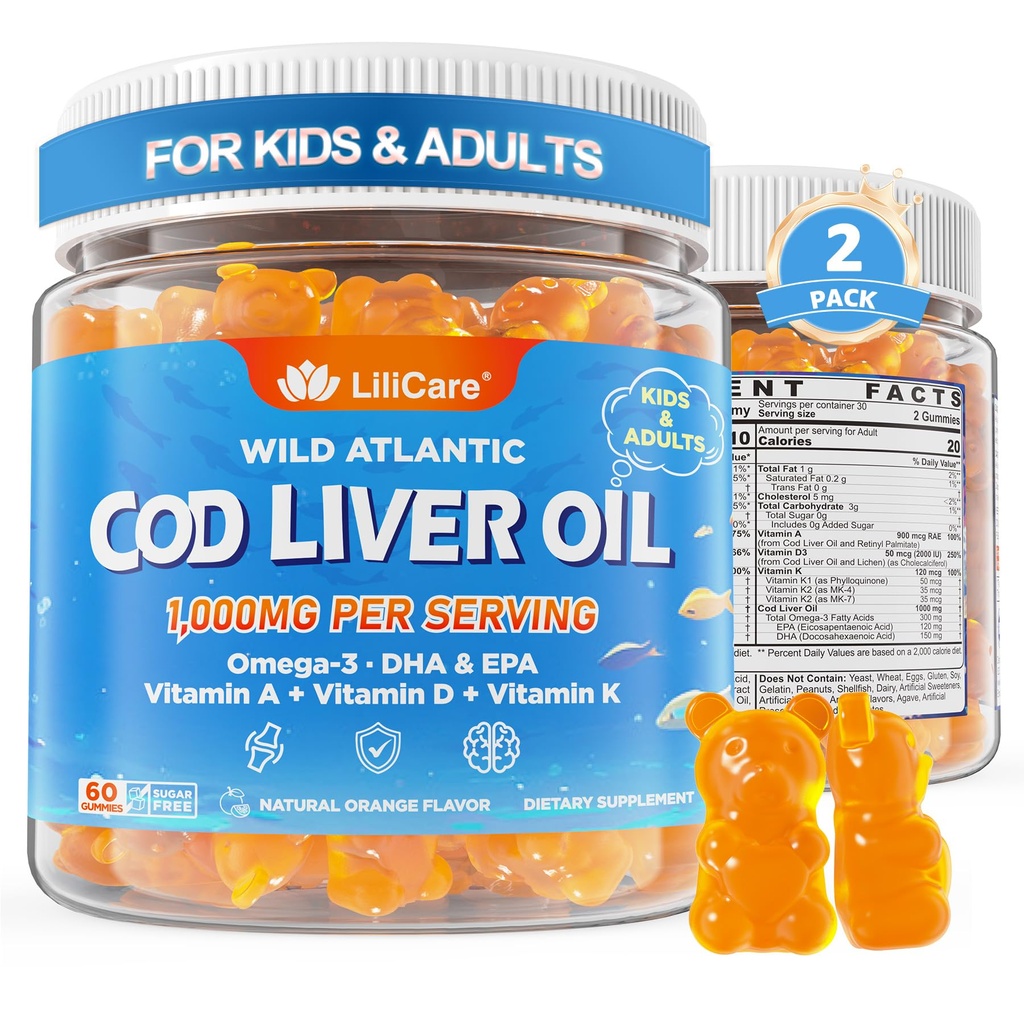 아이 & 성인을 위한 옥수수 속 기름 Gummies 1000mg - w/Omega 3 (EPA & DHA), 비타민 A, D3 & K2 - 옥수수 속 기름 오메가 3 구미, 두뇌 & Cognitive 지원, SugarFree의 오렌지 풍미, 120Cts