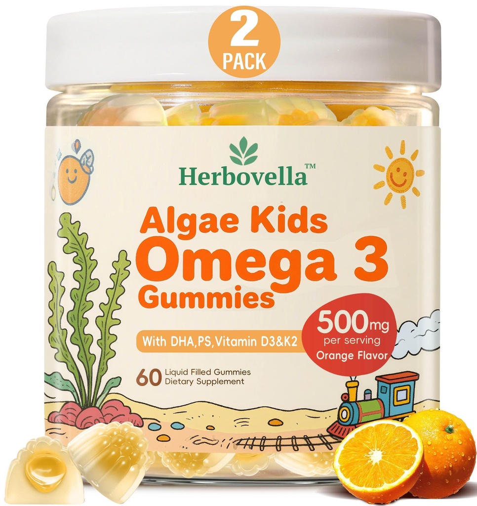아이 오메가 3 Gummies 2 팩, PS, 비타민 D3 K2, 설탕 무료, 물고기 기름 없음, 두뇌 및 초점 지원, 120 Gummies를 가진 Vegan 조류 DHA 420mg