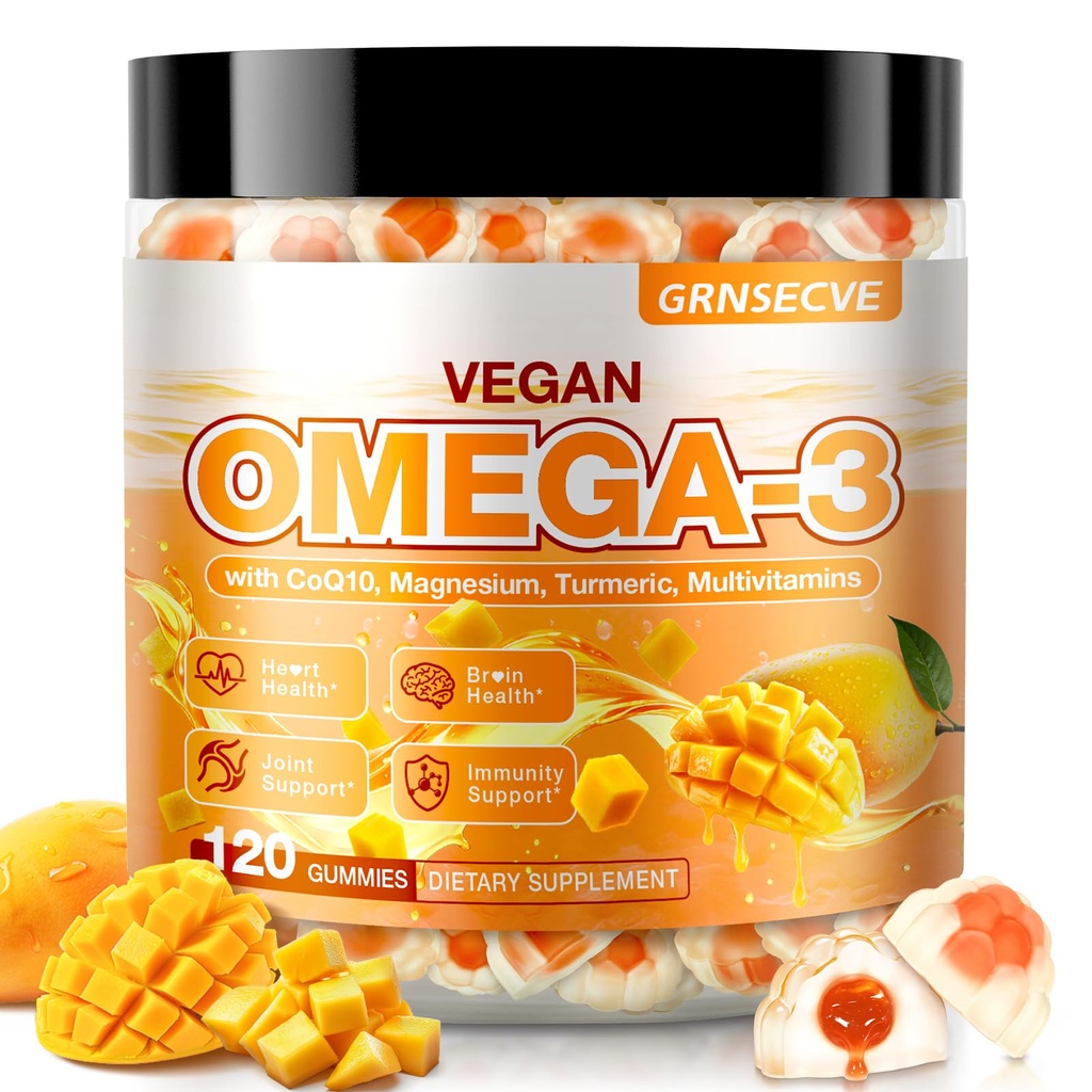 Vegan Omega-3 Gummies - 물고기 기름 Omega 3는 성인을 위한 대안을 보충합니다 - 조류 DHA 600mg & EPA 400mg, 비타민 D3 K2 - 물고기 맛 없음 - 두뇌를 위해, 눈, 면역 지원 - 설탕 자유로운, 120 조사