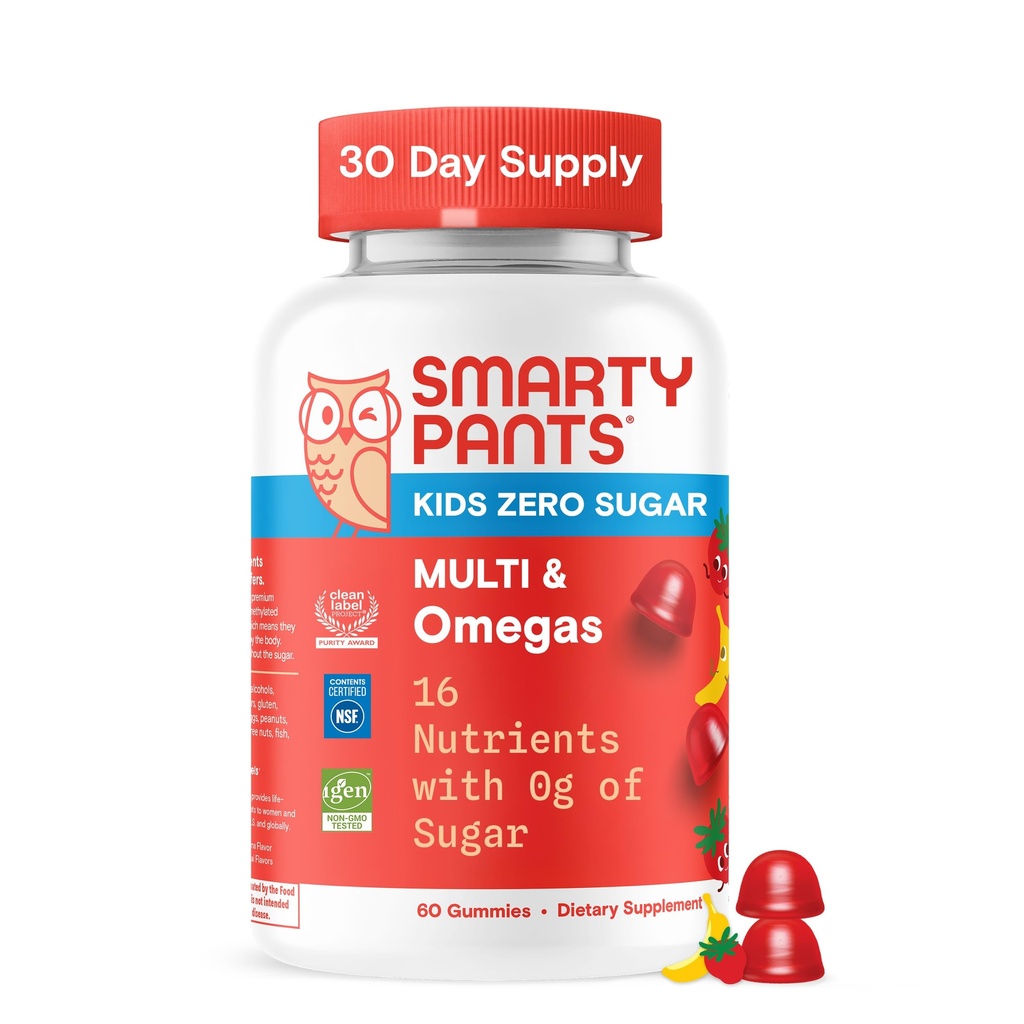 SmartyPants Kids Zero Sugar Multivitamin Gummies : 오메가-3, 비타민 D, C, A, 식물 기반, 글루텐 무료, 딸기 바나나 맛, 60 개 (30 일 공급)