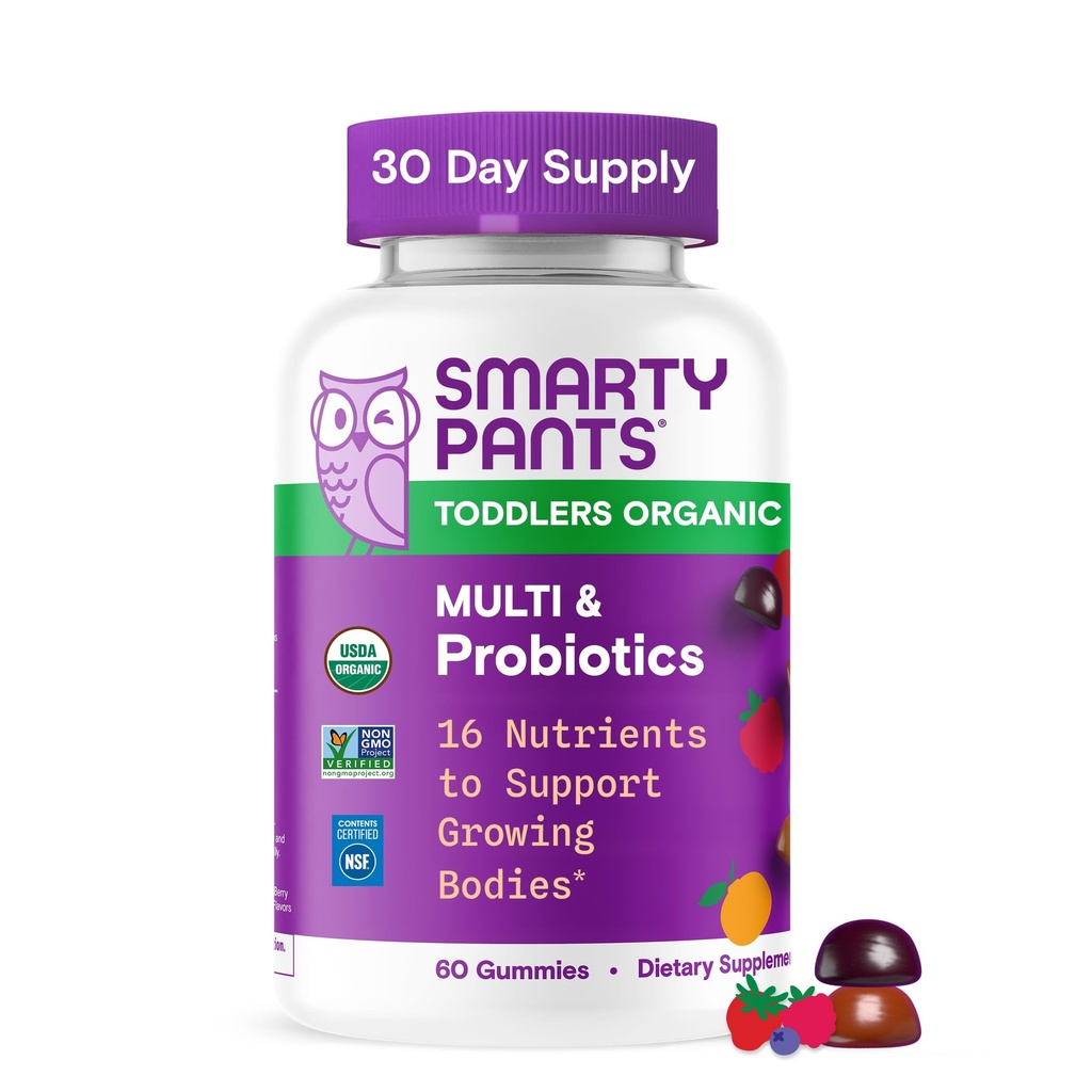 SmartyPants 유기 유아 Multivitamin Gummies: Probiotics, 오메가 3 (ALA), 비타민 D3, C, 비타민 B12, B6, A, K & 아연, 베타 카로틴, 글루텐, 세 과일 맛, 60 조사 (30 일 공급)