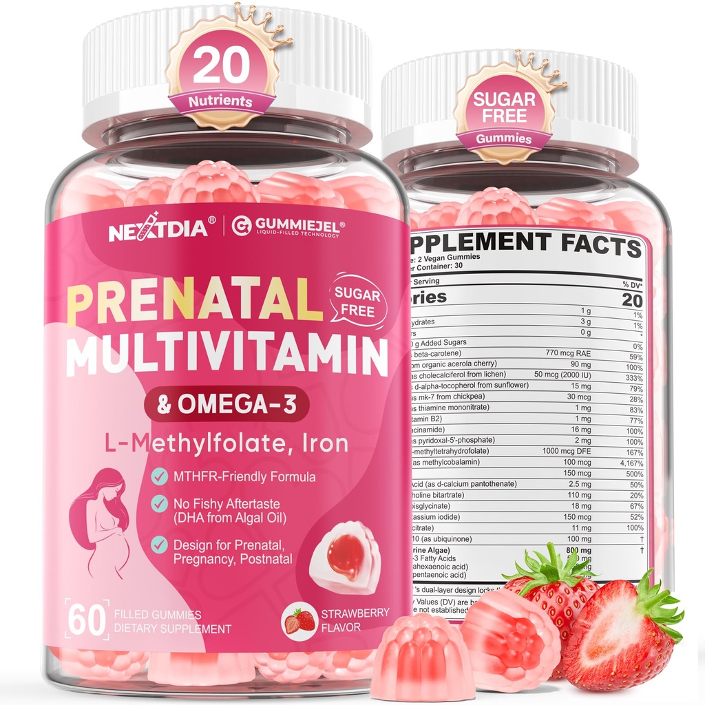 여성 Gummies, Methylfolate 1mg, Vegan 오메가 3 DHA 800mg, 철, Choline, Iodine, 비타민 D3 B6 B12를 위한 Prenatal 비타민 - 여성을 위한 Multivitamin, 임신 후, 설탕 자유로운, 60 조사