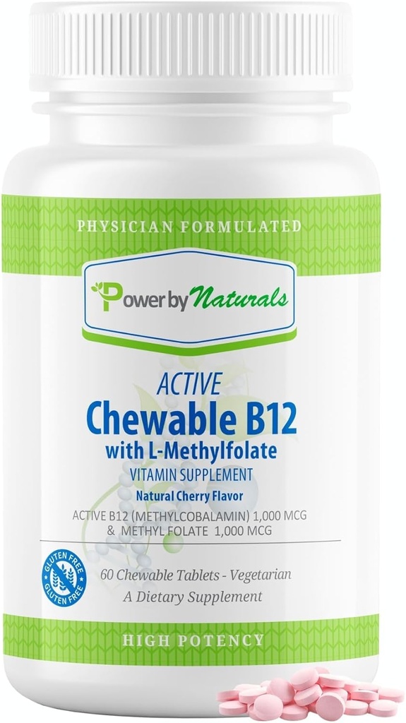 Naturals Active Chewable Methylated B12는 여성 & 남자를 위한 L 메틸 Folate 보충교재, 체리 풍미, 60의 정제로 힘