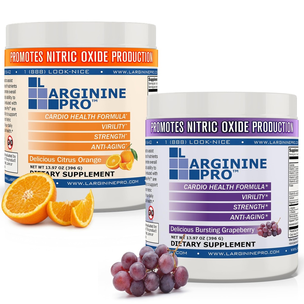 L-ARGININE PRO | 5,500mg L-Arginine Plus L-Citrulline 1,100mg 포도 및 오렌지 분말 음료 혼합 보충 증가 된 질소 산화물 생산