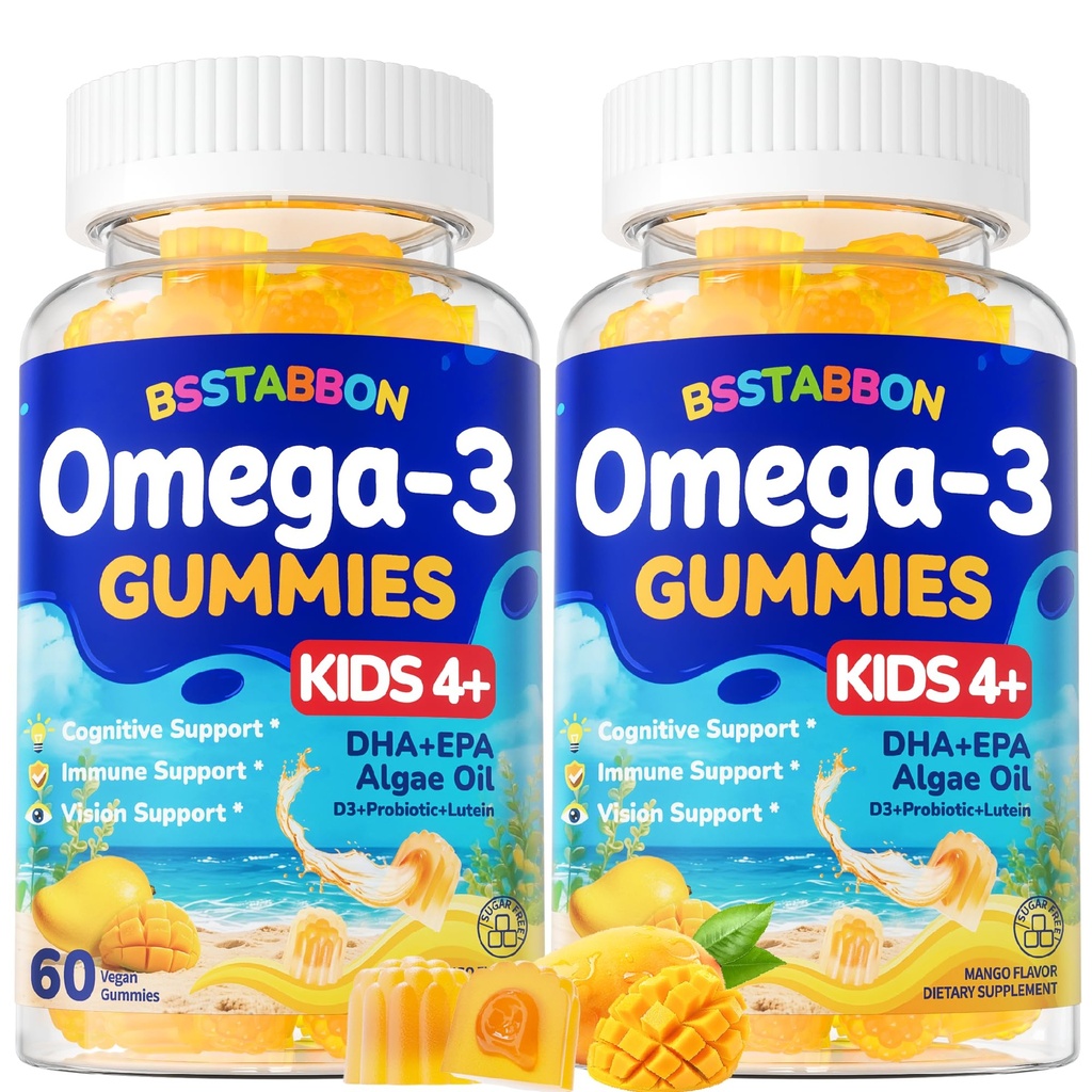 Vegan Omega 3 Gummies for Kids 4 : 비타민 D3 B12 Probiotic Lutein 아연을 가진 자연적인 Omega-3 지방산 보충교재 DHA EPA - 물고기 맛 멀티비타민 없음 (120Count)