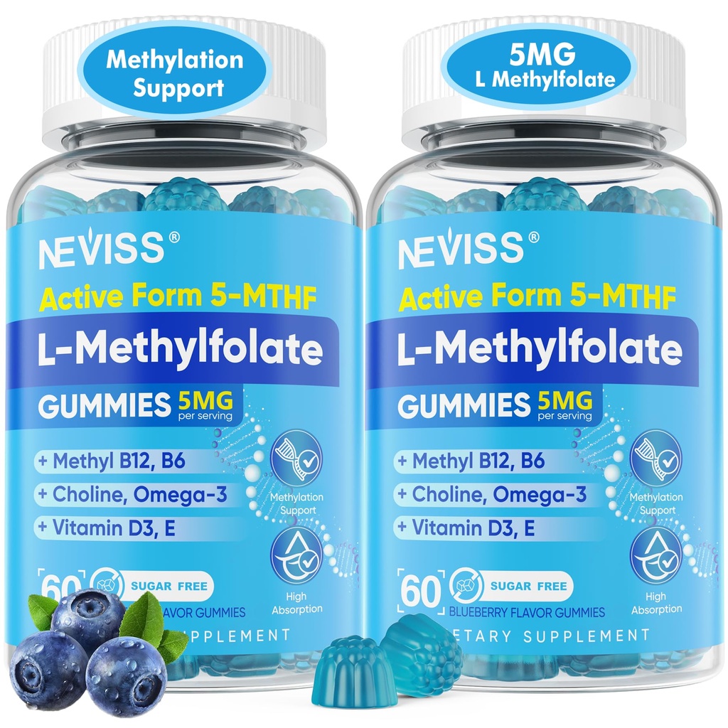 L Methylfolate Gummies & 메틸 B12의 활동적인 5-Mthf는 여자 남자 w/Methyl B Complex, 콜린, Magesium, Omega-3의 메틸을 섞는 Folate 5mg 보충교재를 메틸을 섞었습니다, Mood, 설탕 자유로운, 2Pack