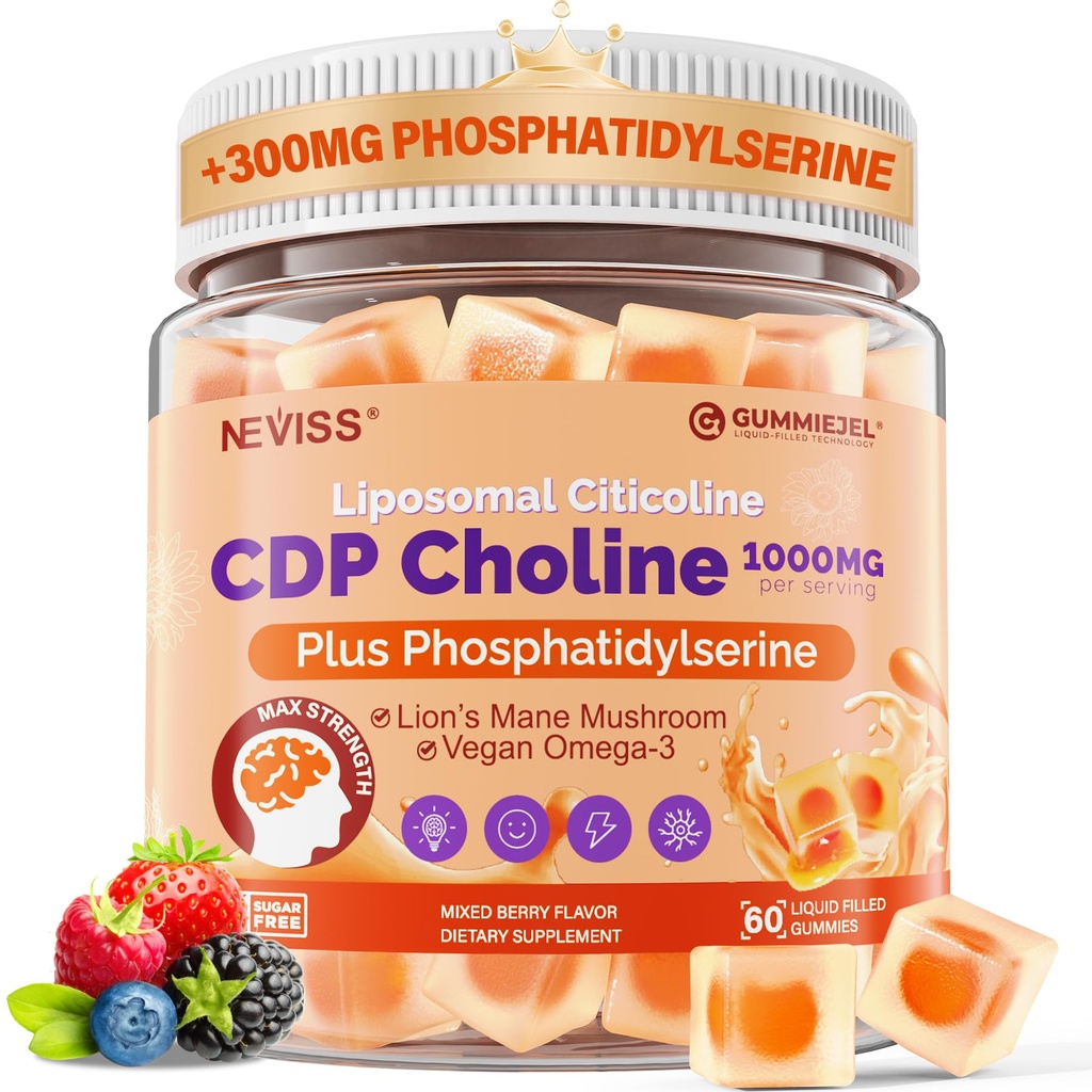 Citicoline 1000mg & Phosphatidylserine 300mg는 CDP Choline Gummies, 기억과 초점 w/ 사자 Mane 버섯, Omega-3, Methylfolate, B6 & B12, Non-GMO,Sugar를 위한 뇌 보충교재를 보충합니다, 60ct