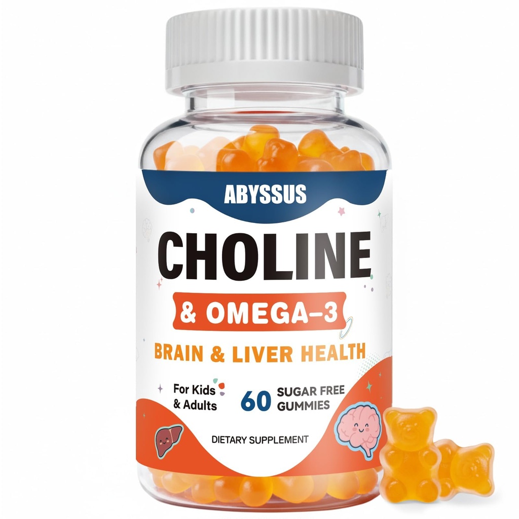 아이 & 성인을 위한 ABYSSUS Choline Gummies, 알갈 Omega-3 DHA EPA & 활동적인 B6 B12, 뇌 & 간호 지원, Vegan, 60 조사를 가진 설탕 자유로운 Choline Bitartrate 보충교재
