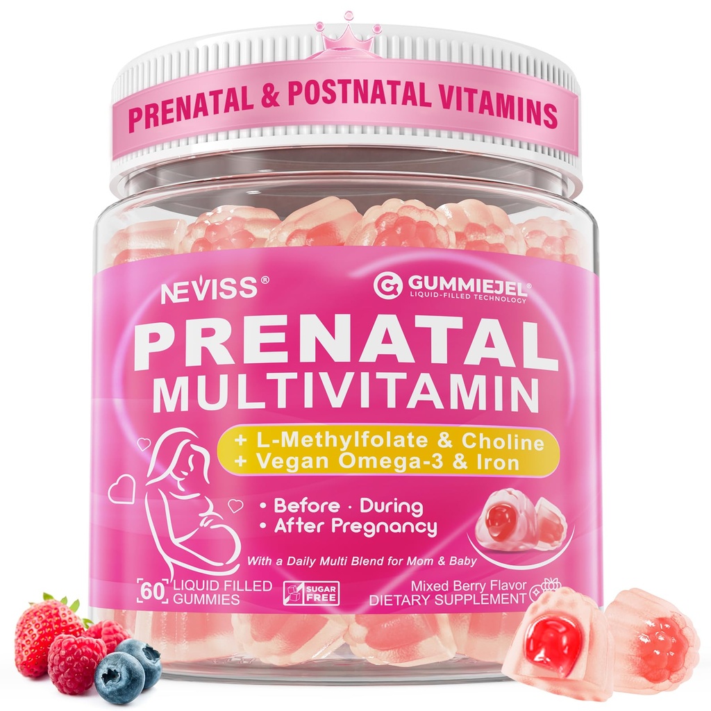 여성 Multivitamin Gummies w / Methylfolate 1mg, Choline Omega-3 (DHA+EPA) Iron, 여성 Breastfeeding을위한 Postnatal Vitamins | 이전, 치료 및 임신 후,Sugar Free,Vegan,60Cts