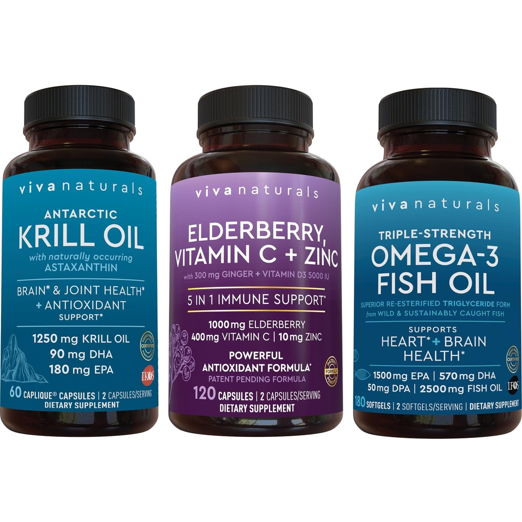 1250 mg 남극 Krill 기름, Elderberry 비타민 C & 아연과 2,500 mg 트리플 Strength 오메가 3 물고기 기름 뭉치, 개량 오메가 3 EPA와 DHA의 면역 지원을 위한 Elderberry