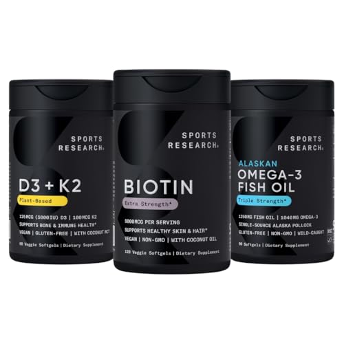 스포츠 연구® 건강한 머리 팩 - 유기 코코넛 오일 + Vegan 비타민 D 5000iu & Mk7 비타민 K 100mcg + Omega-3 물고기 기름 1250를 가진 Biotin 5,000mcg