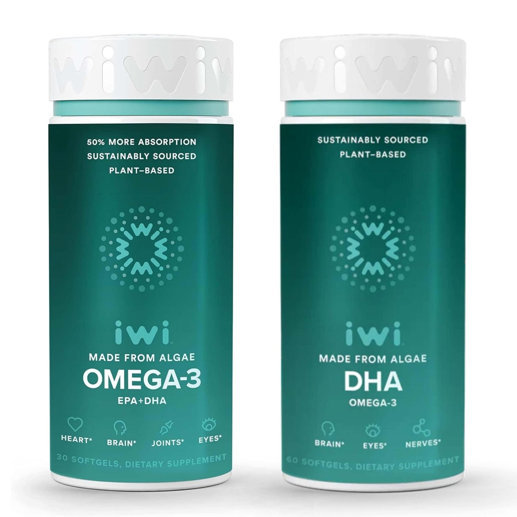 Iwi Omega-3 & DHA Omega-3 번들, 30 서빙, Vegan Plant-Based 조류 오메가 3, Krill & Fish Oil Alternative, No Fishy Aftertaste