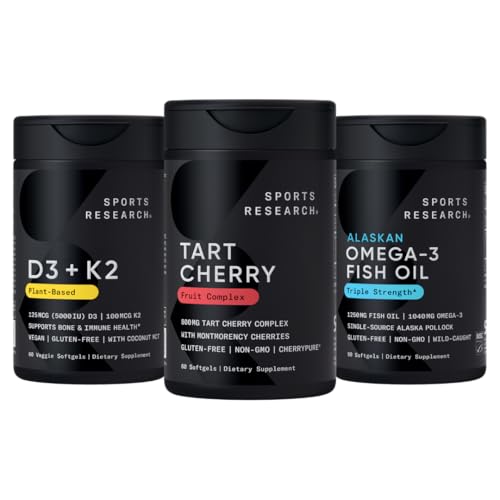 스포츠 연구® Multivitamin 팩 w/CherryPure® 타트 버찌 과일 단지 800mg, 비타민 D3 5000iu + K2 100mcg, 그리고 알래스카 오메가-3 물고기 기름 1250mg - 비 GMO · 설탕 자유로운 · 글루텐 자유로운
