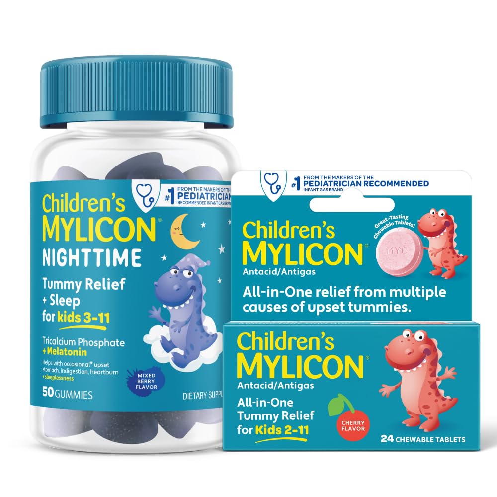 MYLICON Tummy Relief for Kids Bundle, Daytime Tummy Relief Tablets + 멜라토닌의 야간 구미