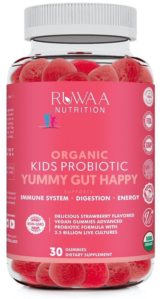 RUWAA NUTRITION Kids Organic Probiotic Gummies for Digestive Health, 면역 지원, 변비, Bloating. 2.5 억 CFU, 딸기 맛, 어린이 연령을위한 Chewable Probiotics 4+, 30ct (1)