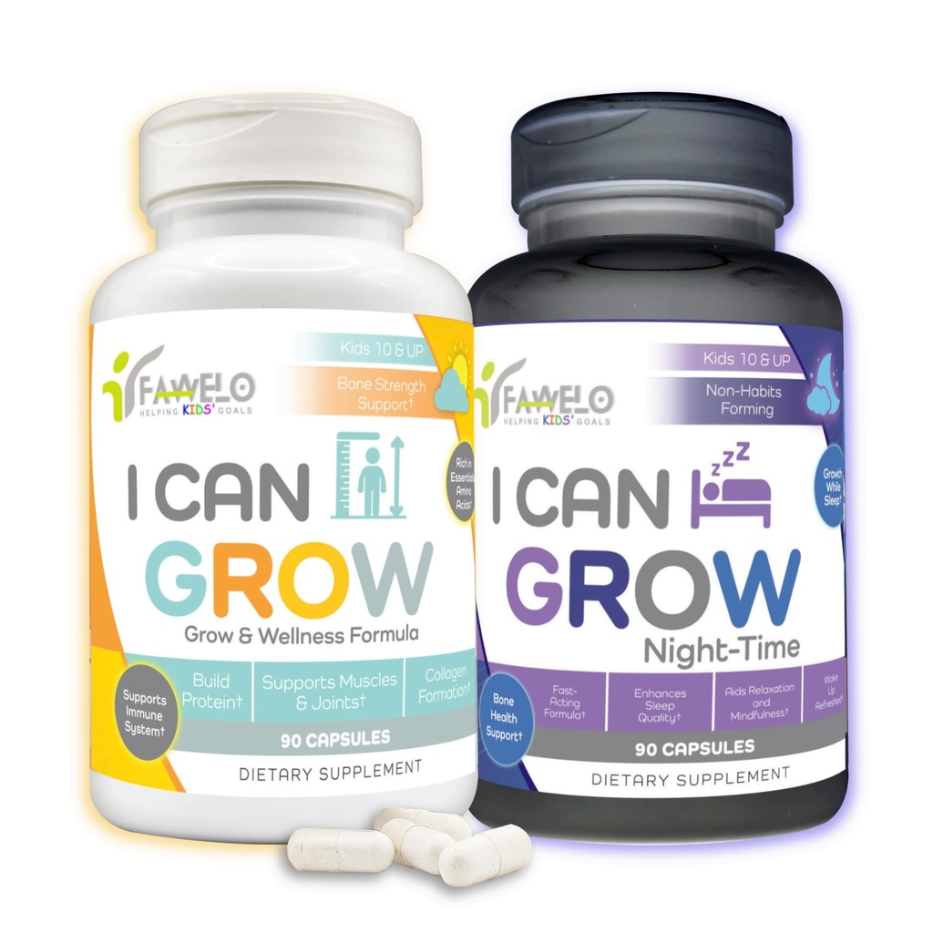 I Can Grow Day & Night Bundle for Kids 10+ & Teens | L-Arginine, Colostrum, Magnesium의 성장 지원 | 최대 높이 및 개발을위한 일상 + 야간 수면 보조 | 2-Pack