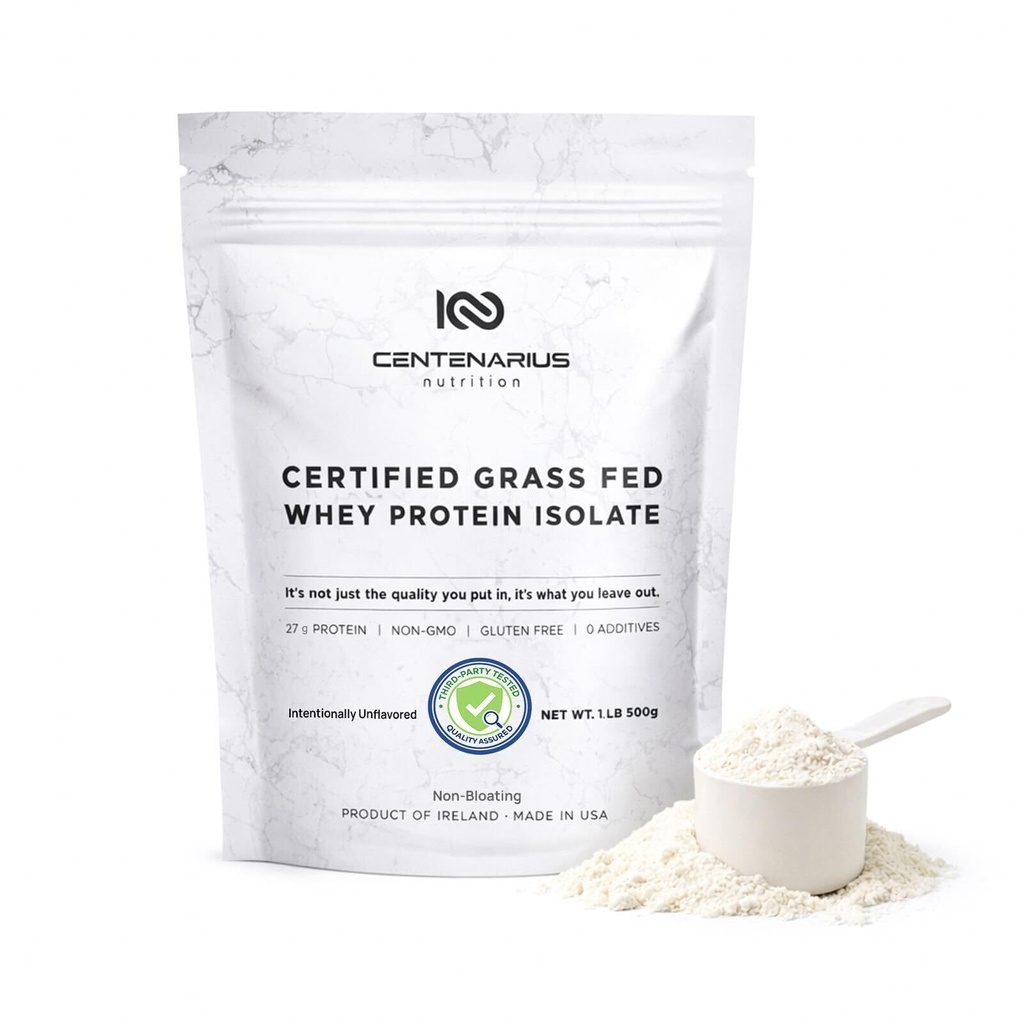 Centenarius Nutrition Grass Fed Whey Protein은 최적화 된 근육 성장, 복구 및 효율성을위한 자연적인 아미노산과 자연적인 아미노산을 가진 분말 500g - 냉필, 첨가물 또는 호르몬 없음