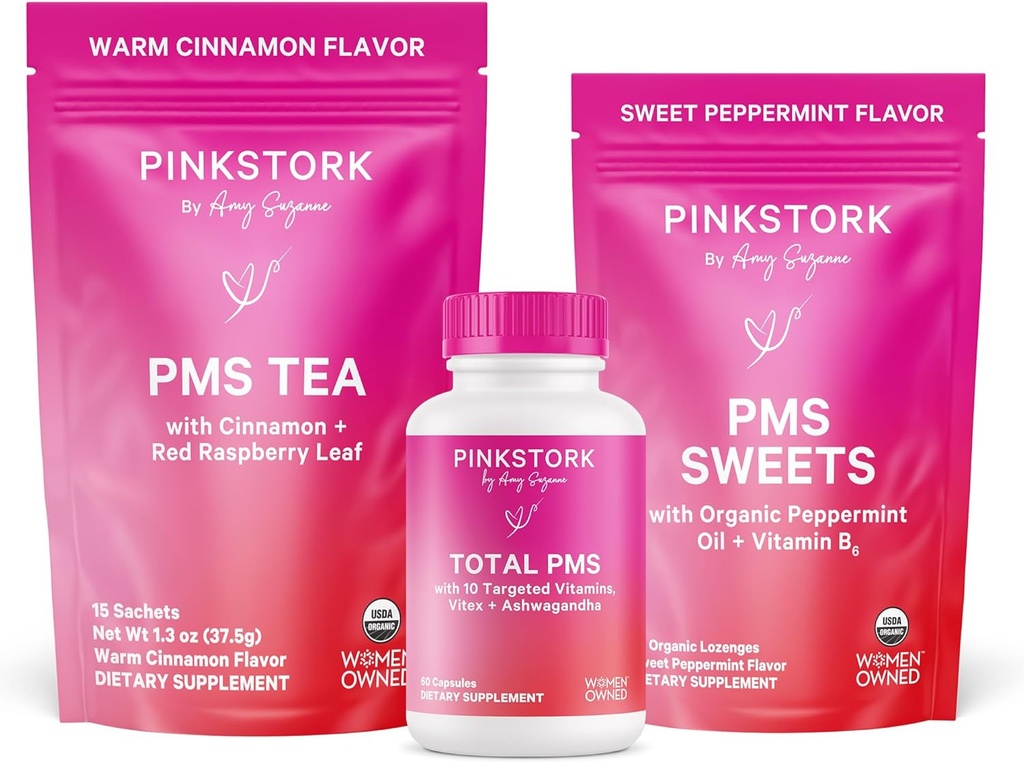 분홍색 Stork PMS 지원 Trio: 기간 기복 보충교재, 계피 차, + Peppermint 감미로운, 생리적인 지원, 첫번째 기간 장비, 건강한 정신 주기를 위한 호르몬 균형, 여자 가운