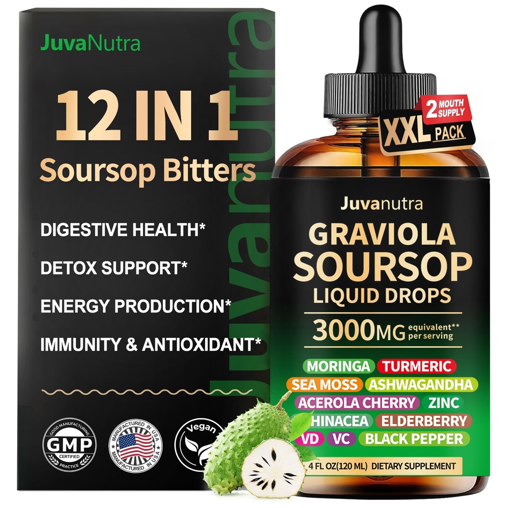 (4 Fl Oz) Soursop Bitters 액체 드롭 12 in 1 with Sea Moss, Moringa, Turmeric, Echinacea & Ashwagandha 추출물 - 소화 웰빙 및 면역 지원을위한 초본 토닉