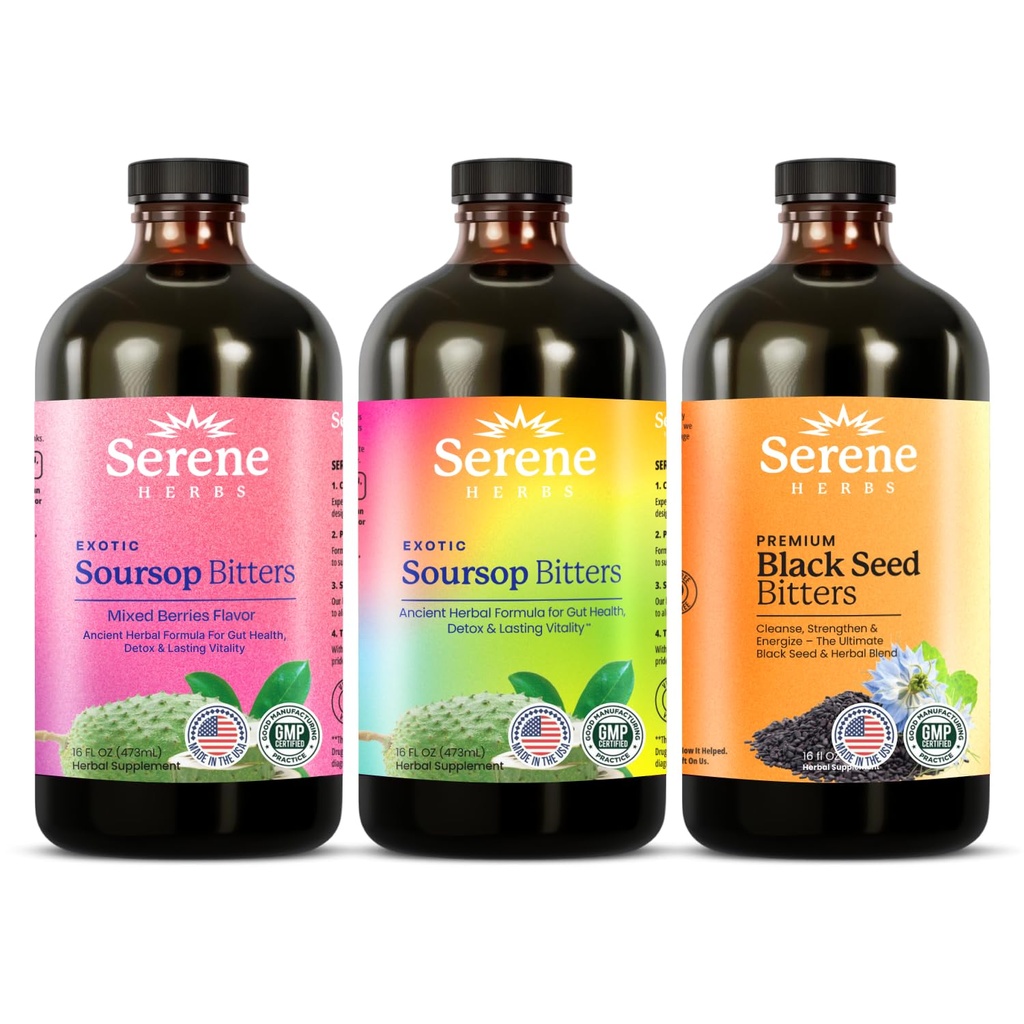 Serene Herbs Soursop Bitters Liquid, 혼합 Berries & Black Seed Triple Bundle – 소화 지원 및 면역 건강을위한 유기 초본 Guanabana – Vegan, Non-GMO – 48 oz (16 oz 각), 3 팩