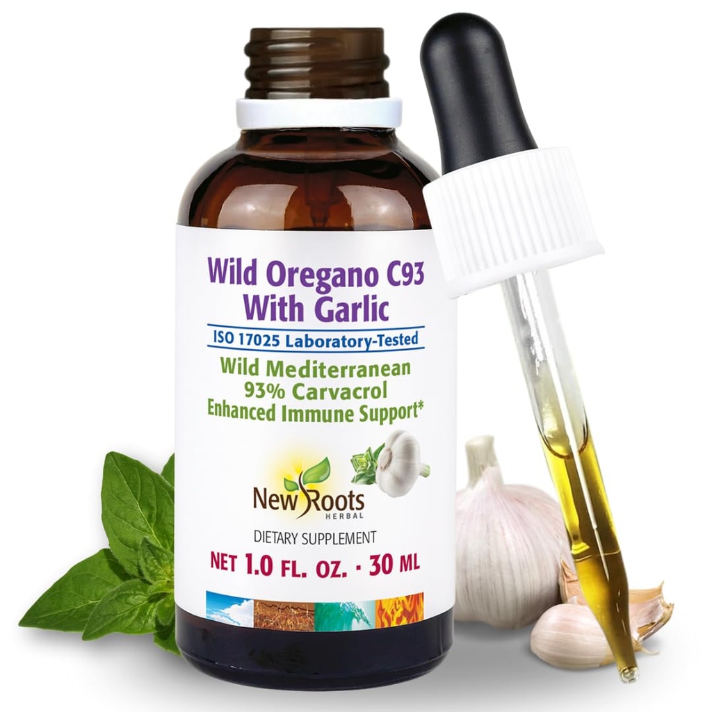 마늘과 새로운 ROOTS HERBAL 야생 Oregano 오일 Tincture (1 fl oz) | 93% Carvacrol Oregano 오일 드롭, 향상된 면역 지원 보충교재 l 비 GMO, Vegan, GMP 인증