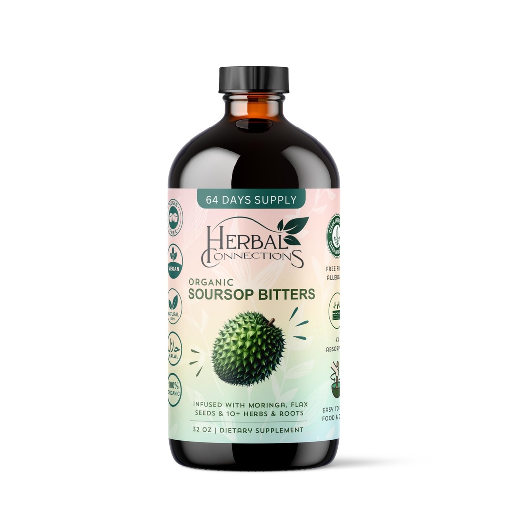 Soursop Bitters 액체 32 온스 - 64 서빙 - 20 허브 포뮬러 Soursop, Moringa, Sea Moss, Turmeric, Ginger & Cayenne | Gut Health, Natural Cleanse & Daily Wellness | Vegan & Organic