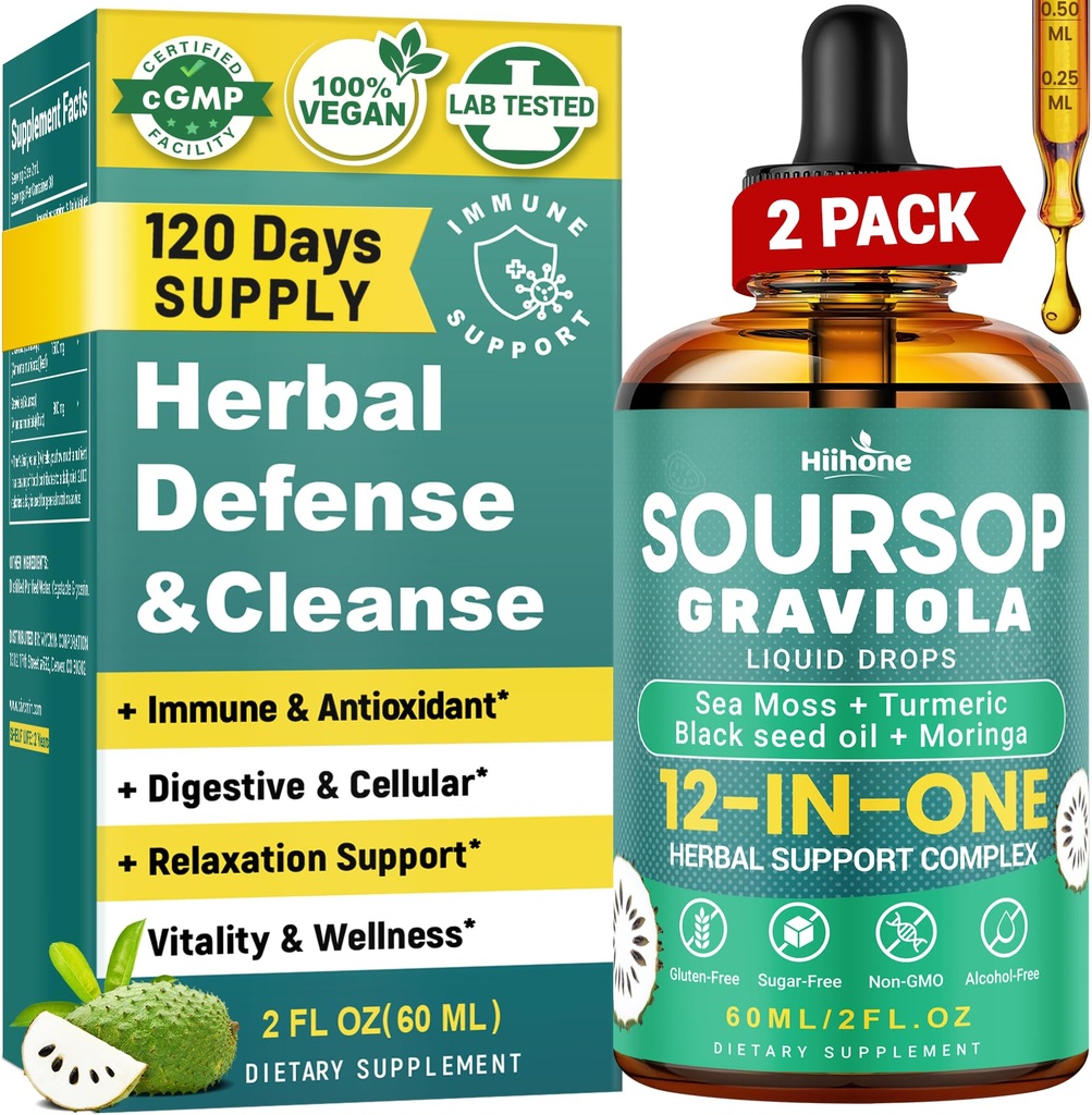 HIIHONE (2 팩) 12-in-1 Soursop Bitters 액체는 바다 모스, 까만씨 기름, 세포 지원 & 재생, Immunity, 간결, Gut & 산화를 억제하는를 위한 Moringa를 떨어뜨립니다 - 2 Fl Oz