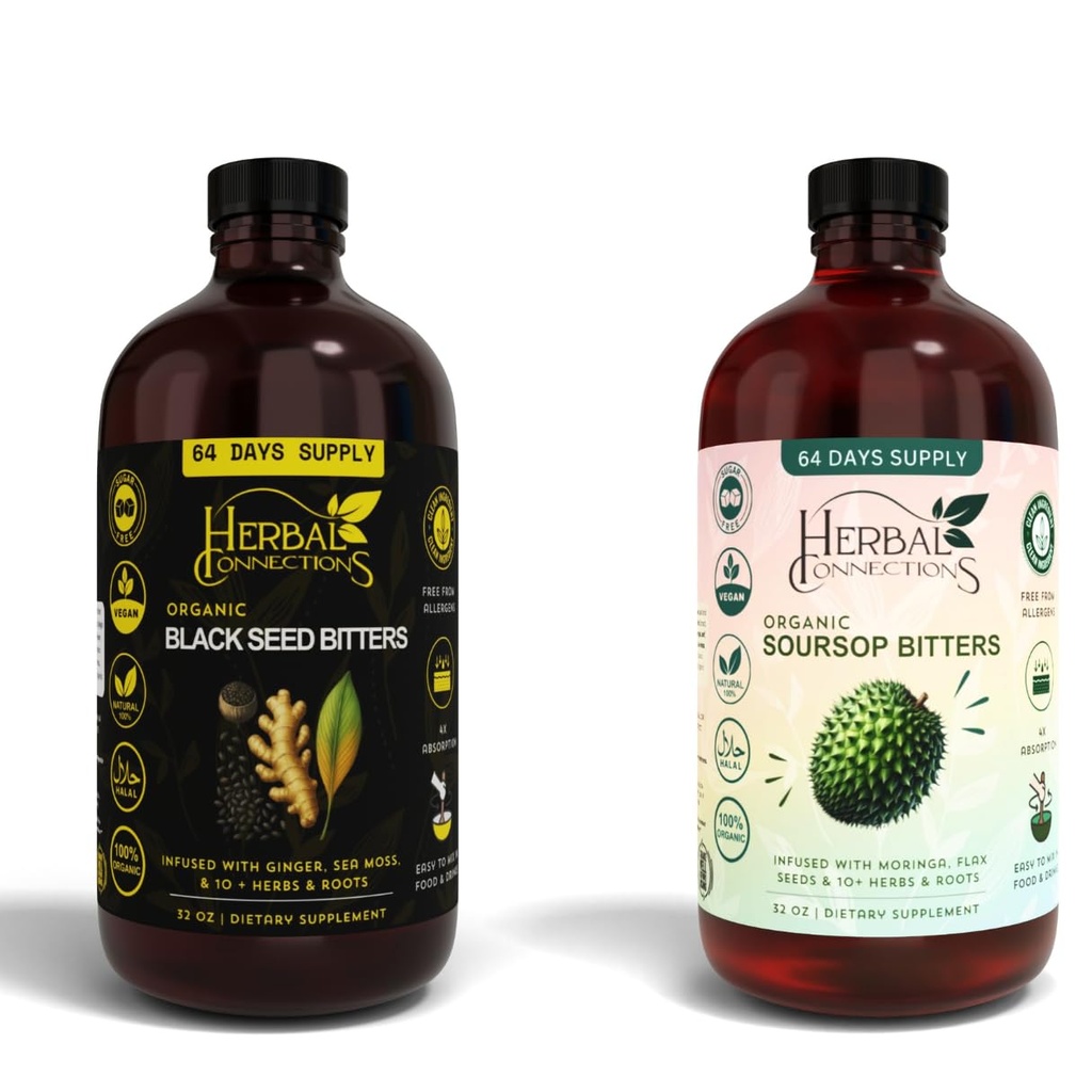 Black Seed & Soursop Bitters 번들 - 2 x 32 oz 병 - 64-Day 공급 - 소화 건강 및 전반적인 웰빙을위한 Vegan 유기농 초본 토닉 - 설탕 없음, 미국에서 만든.