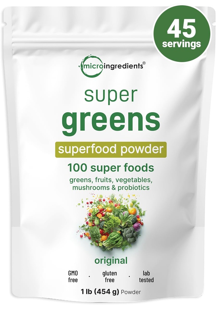마이크로 재료 슈퍼 그린 파우더, 1lb | 100 Superfood Blend with Daily Greens, Fruits, Vegetables, Mushrooms & Probiotics | Vegan Protein & Enzymes의 소스 | Non-GMO, 글루텐 프리, 첨가물 없음