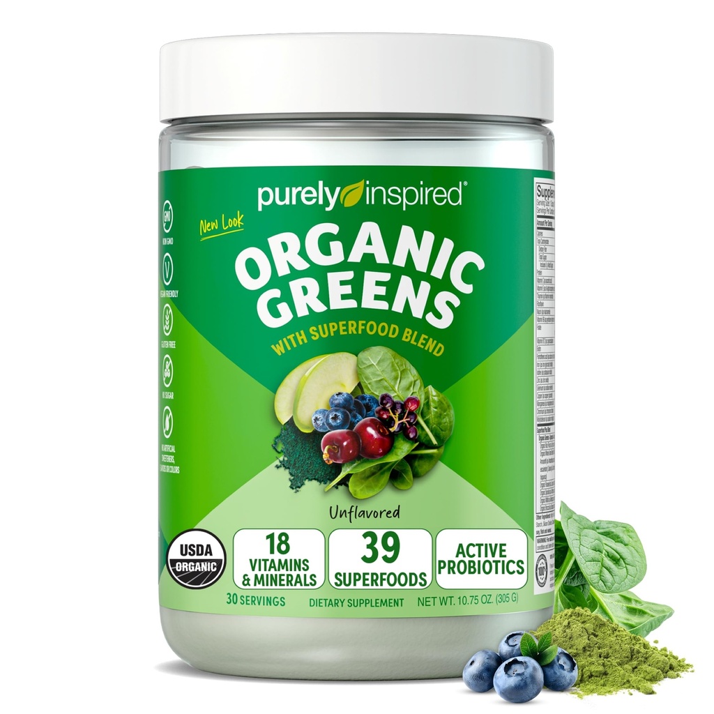 Purely Inspired Organic Greens Powder Superfood Smoothie Mix, Unflavored (30 서빙) - Probiotics, Spirulina & Chlorella for Gut & Digestive Health - Vegan