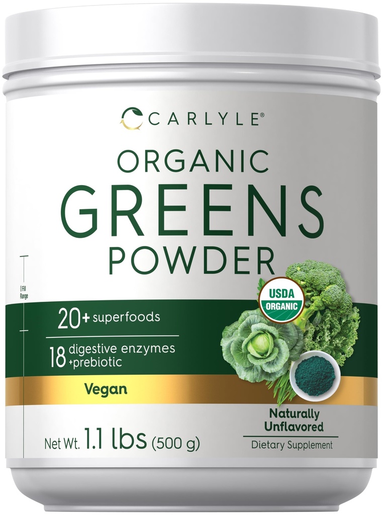Carlyle Organic Greens Powder | 17.6 oz 보충교재 | Relieves Occasional Gas, discomfort & Bloating | with 20+ Superfoods, 18 Digestive Enzymes, Prebiotics | Vegan, Non-GMO 및 글루텐 무료