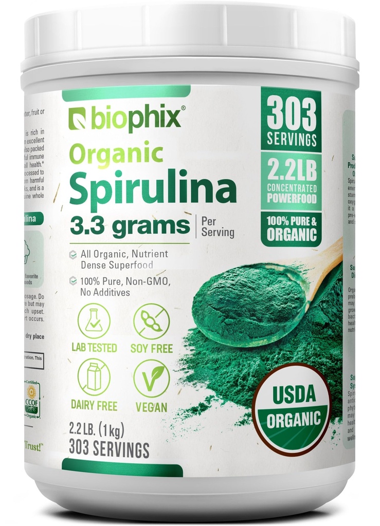 biophix 유기 Spirulina 분말, 2.2 Lbs 100% 순수한 Spirulina 파란 녹색 조류 분말, Vegan, 비 GMO, 비 Irradiated, USDA는, 제일 단백질 Superfood 증명했습니다
