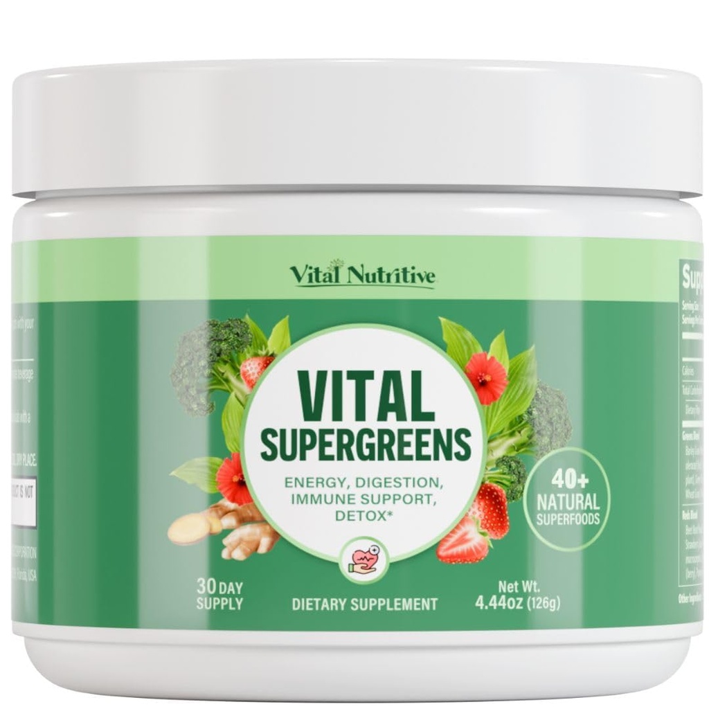 Vital Greens Superfood Powder – 40 + Superfoods Daily Green 음료 분말 w / Probiotics와 새로운 공식 – 에너지, Gut 건강, 소화 지원, 식물 기반, Vegan Superfoods