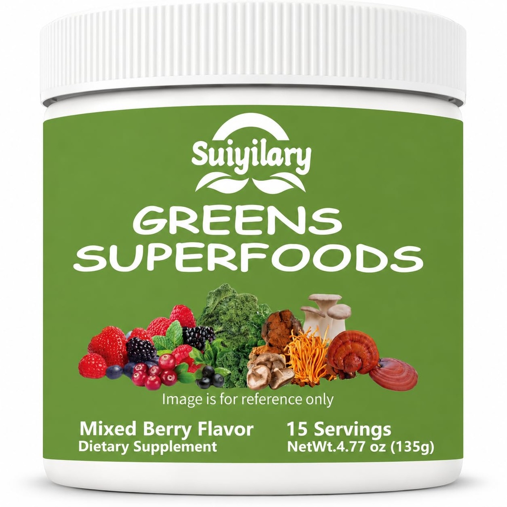 소화 건강을 위한 Suiyilary 녹색 Superfoods 분말, 설탕 자유로운 최고 녹색 분말, Spirulina, Bloating & Gut 지원을 위한 Chlorella, 여자를 위한 매일 지원, Mixd Berry (15 봉사)