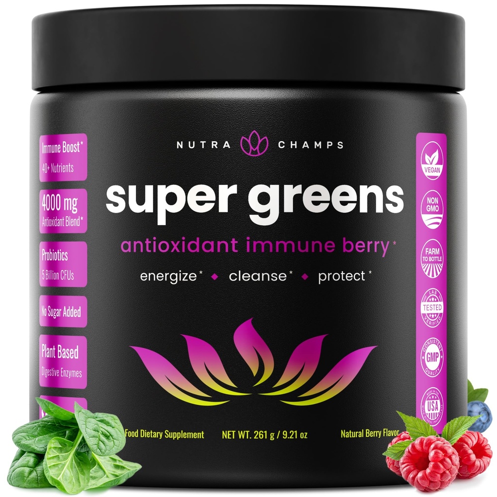 NutraChamps Super Greens Powder Premium Superfood | 20+ Organic Green Veggie Whole Food | 밀 잔디, Spirulina, Chlorella | 산화 방지제, 소화 효소 및 프로바이오틱 혼합 (9.1 OZ, 산화 방지제)